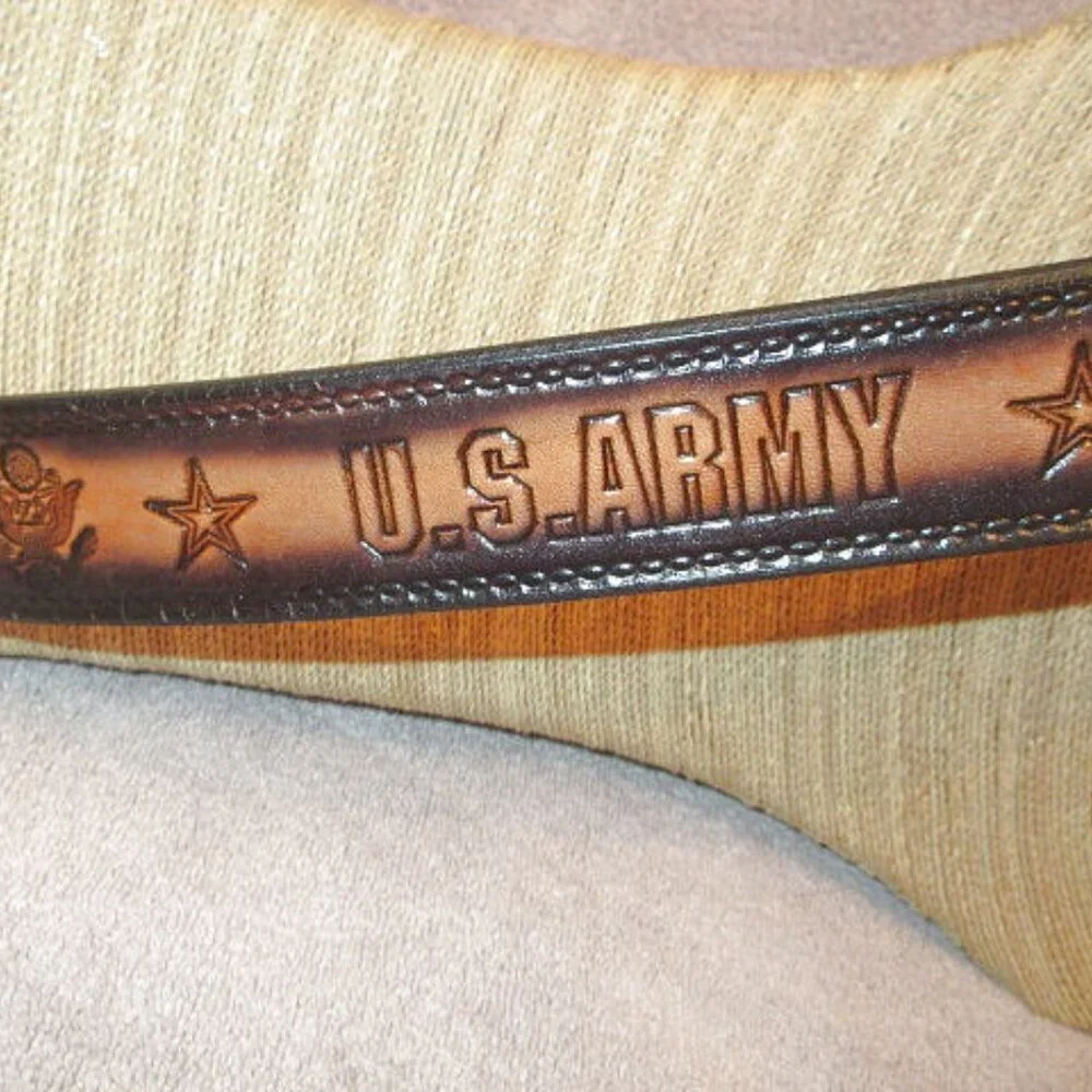 United States Army Mens Leather Belt Size 32-36 Buckle Emblem Brown USA Military